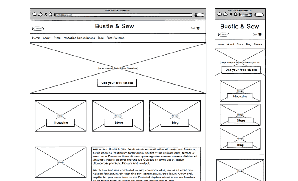 Wireframes for the Bustle & Sew website
