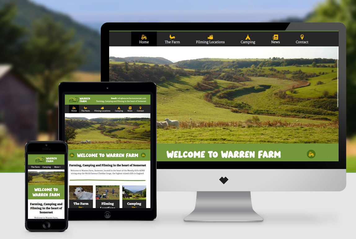 The Warren Farm website (located in Bristol) running on 3 different devices. A smartphone, a tablet and an iMac