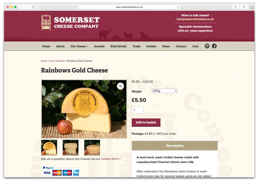 Somerset Cheese Co. website case study: A screenshot of the new single product page design for the Somerset Cheese website