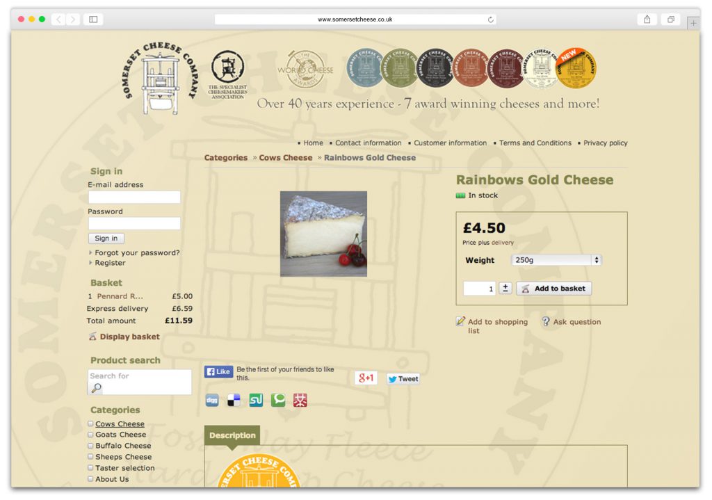 Somerset Cheese Co. website case study: A screenshot of the old single product page design