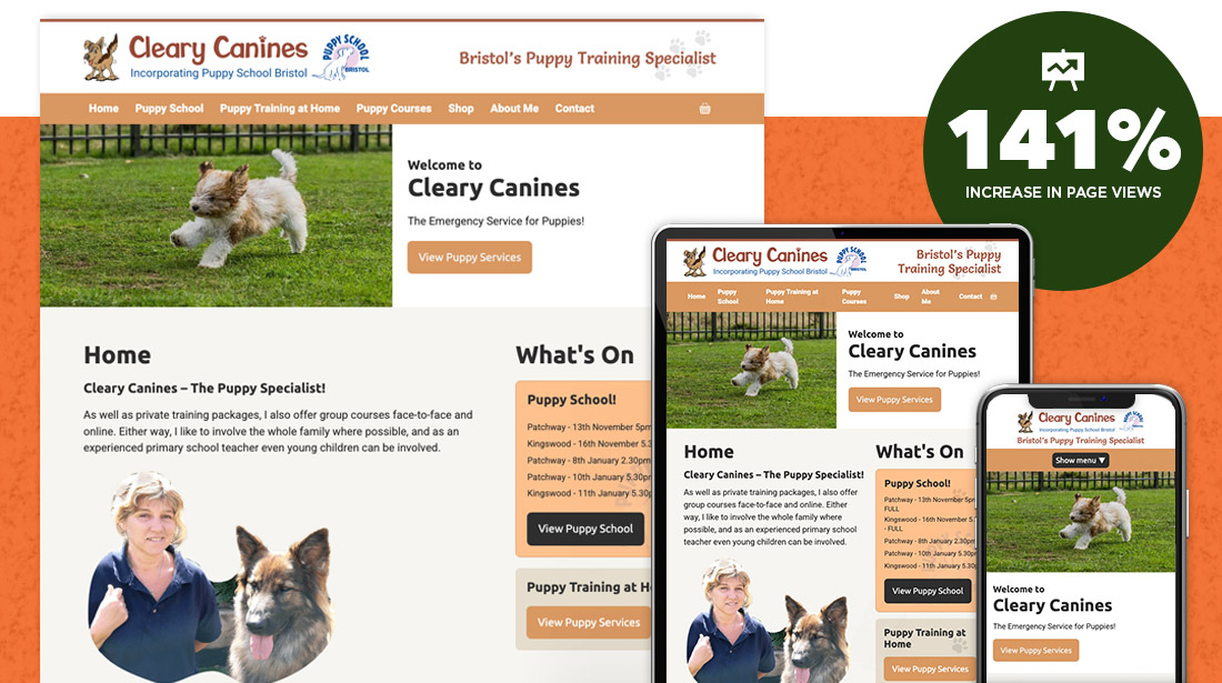 The website designs for Cleary Canines is Bristol’s puppy training specialist. Displayed across a laptop, a tablet and a smartphone. 