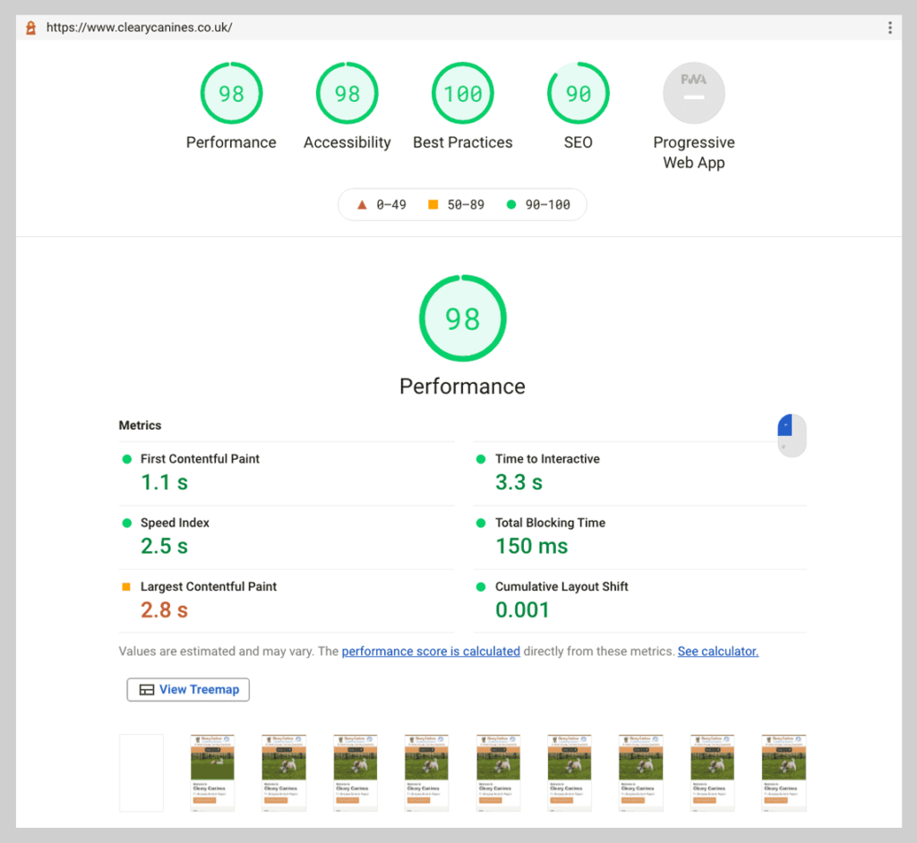 The dramatically improved performance stats of the website according to Google