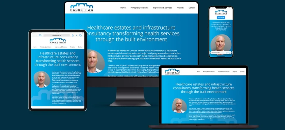The single page website design for Rackstraw displayed across a range of devices including an iMac, a laptop, an iPad and a smartphone