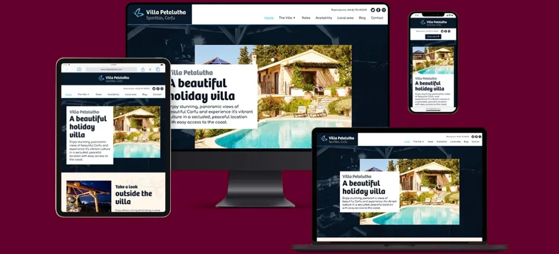 The custom holiday villa website displayed across a range of devices including an iMac, a laptop, an iPad and a smartphone