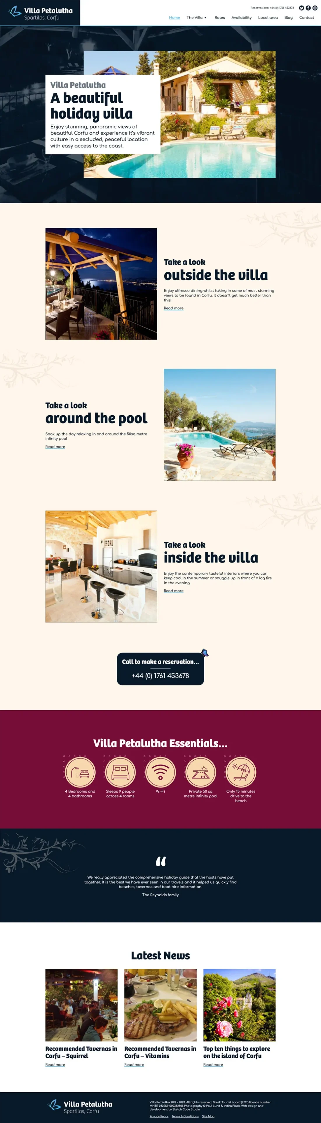 The design for the Villa Petalutha website home page