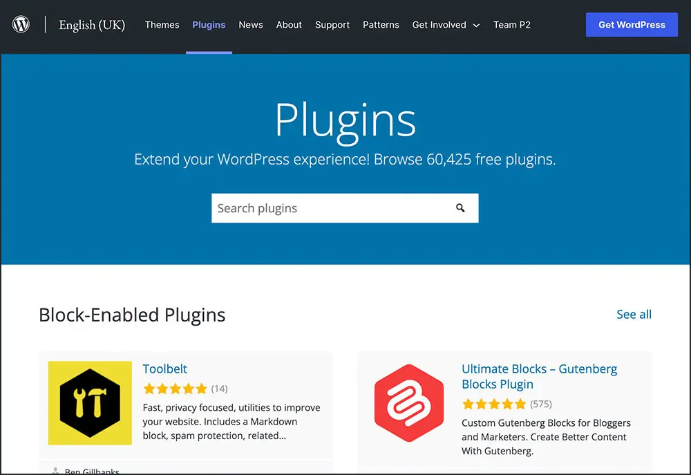 The WordPress Plugins homepage, where you can download thousands of free plugins for your WordPress website. 