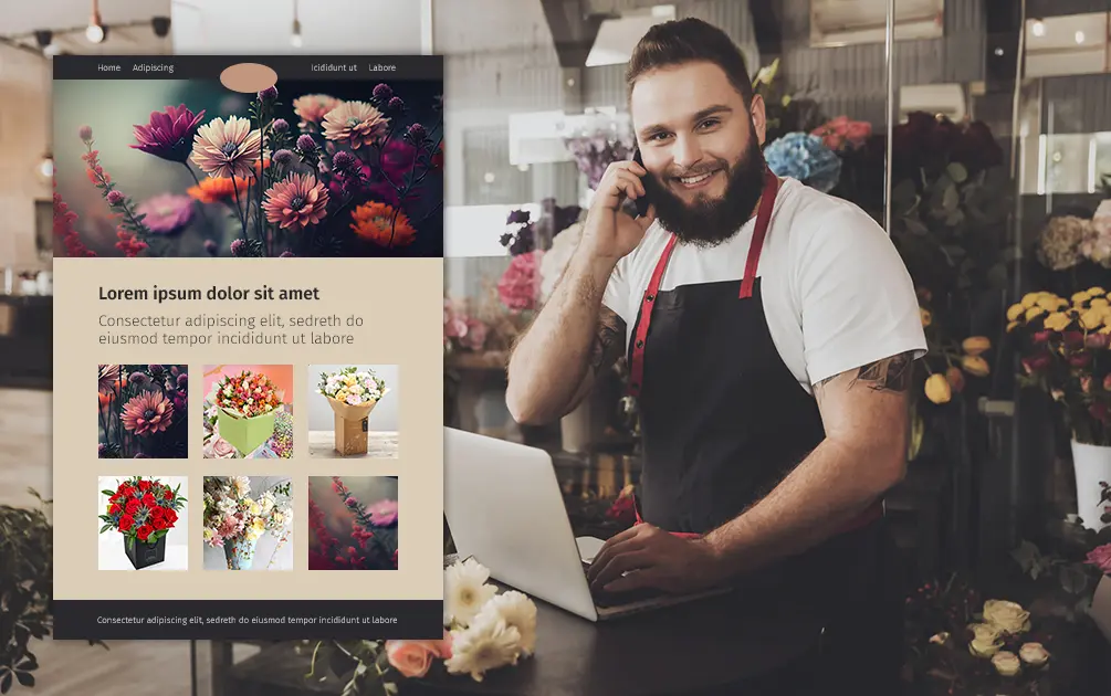 A florist takes an order by mobile phone while updating the stock on his small business website