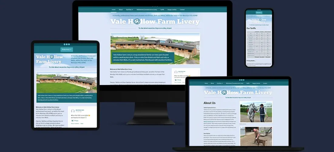 Vale Hollow Farm livery website across all devices